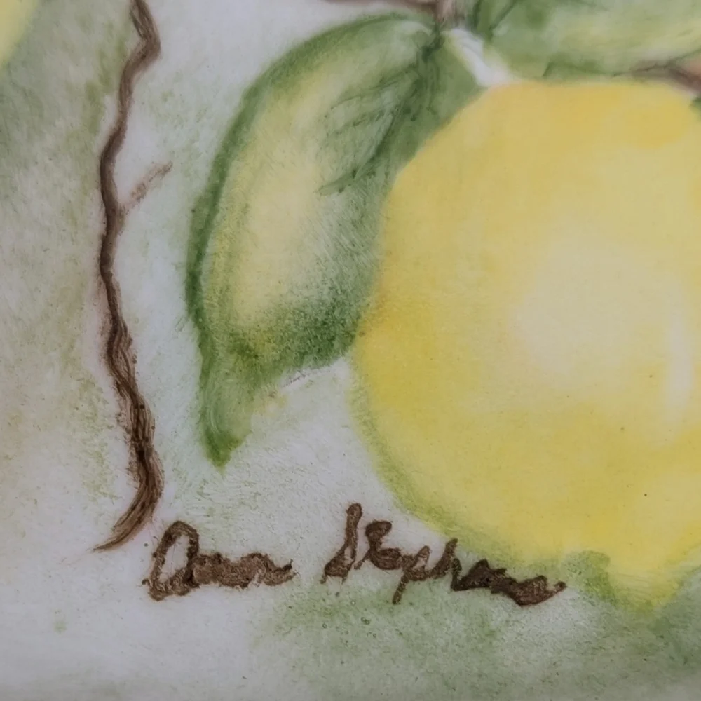 Vintage Hand Painted Small Lemon White Signed Porcelain Handled Trinket Tray